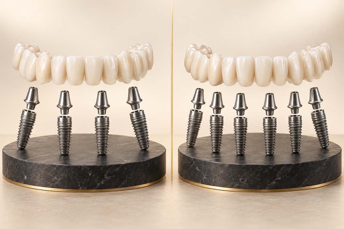 Side-by-side full-arch bridge examples supported by four and six implants