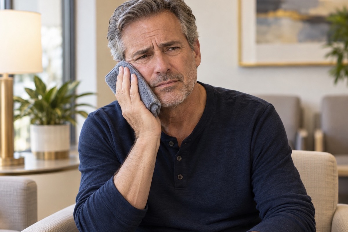 Man holding a cool towel against his cheek