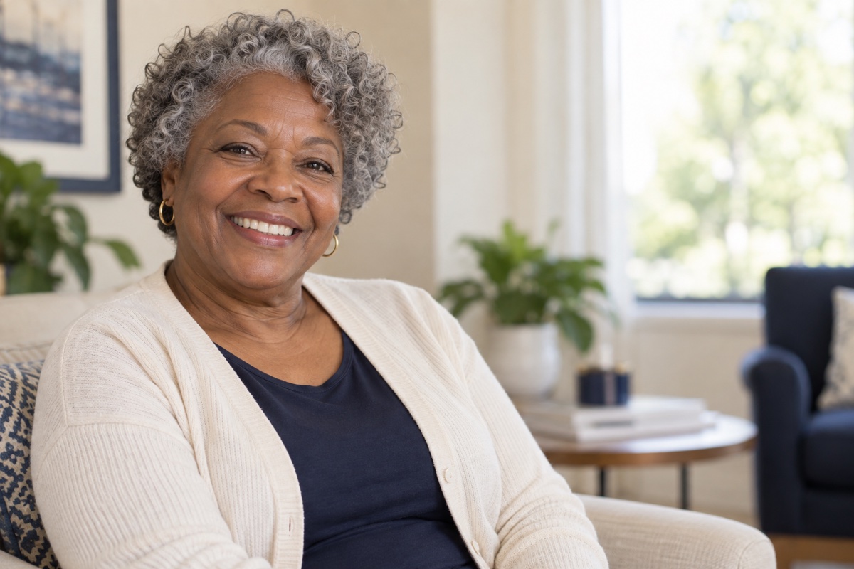 Smiling older woman in a bright, welcoming room