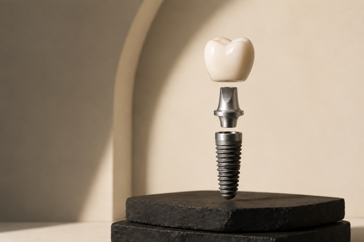 Exploded view of an implant fixture, abutment, and crown