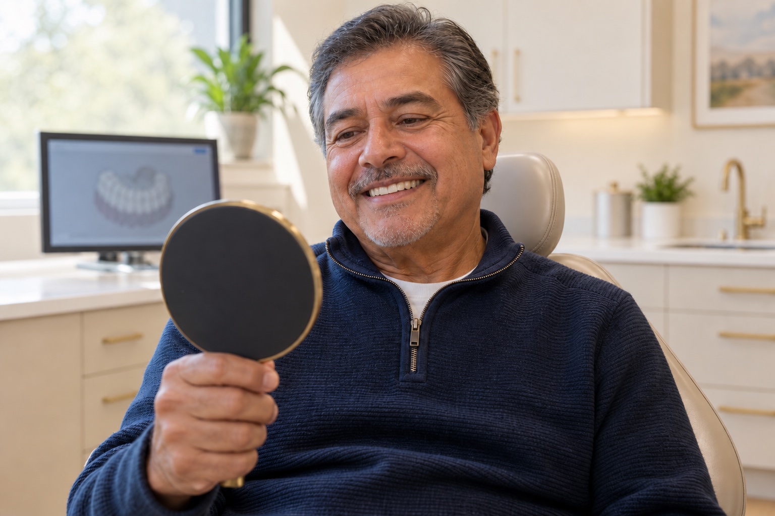 Smiling man holding a hand mirror in a dental setting