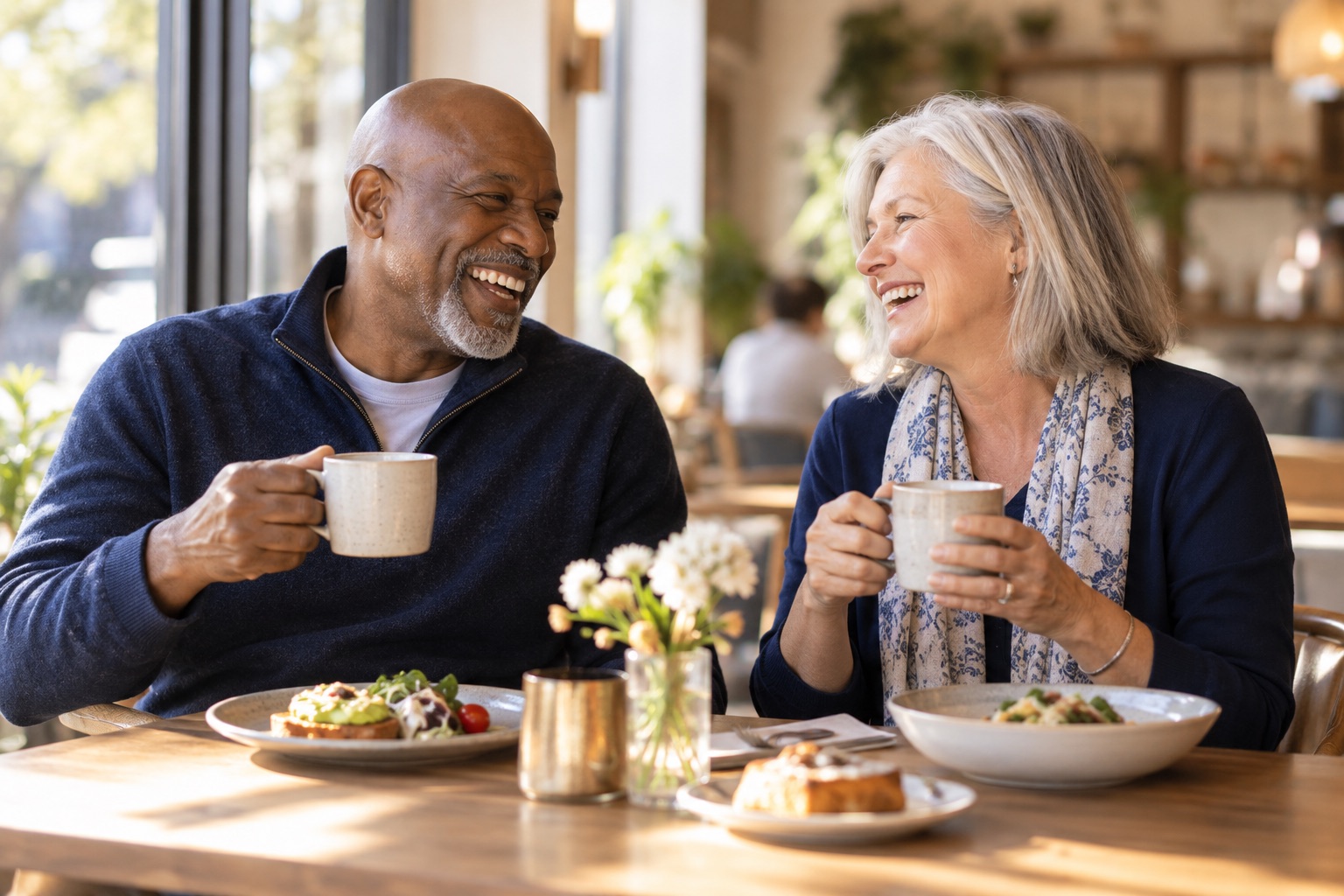 Two adults smiling over coffee