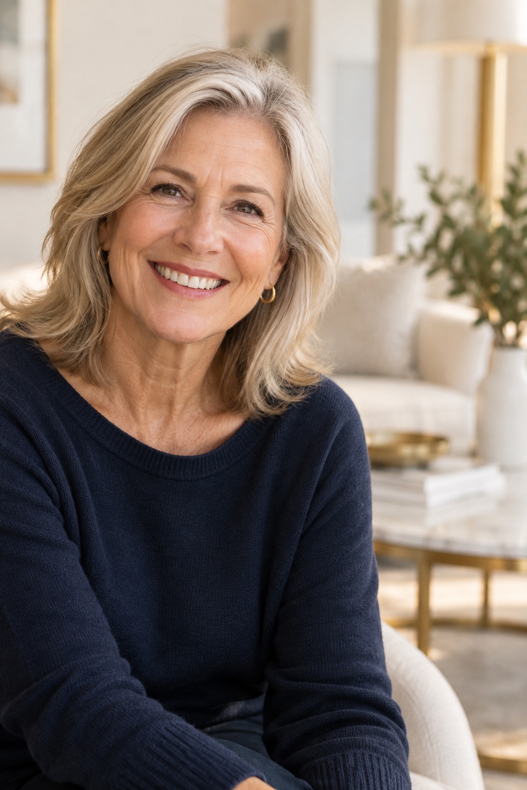 Smiling woman in a bright dental setting